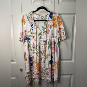 HeyChic White Floral Button-Front Dress with Pink Blue Orange and Green Print